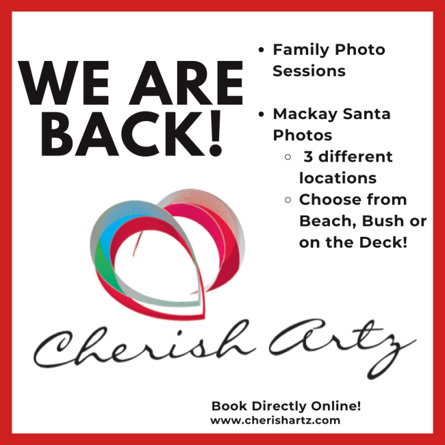 Cherish Artz We are Back Mackay Photographers Cheryl Eagers Cheryl Eagers Mackay Photographer is offering family and santa photos at the beach